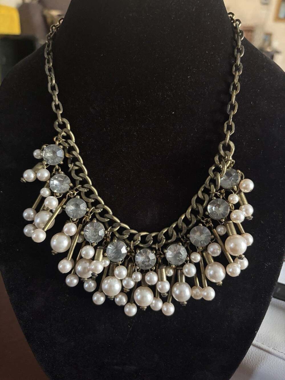 LOFT Necklace Rhinestones Faux PEARLS BRONZE TONE